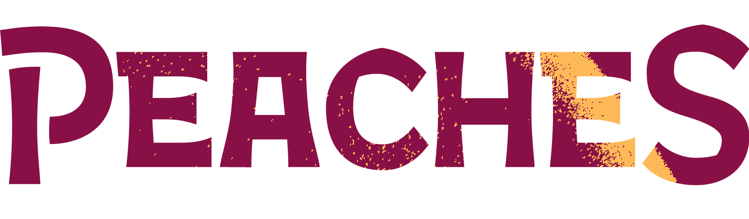 A recoloured version of the Peaches logo, this time in flashes of burgundy and yellow